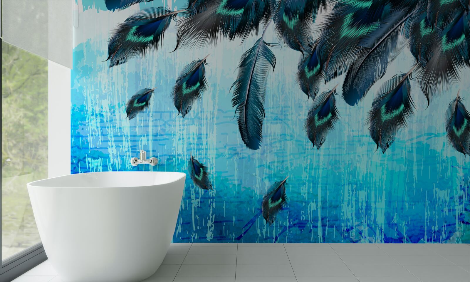 Papier peint plumes de paon sur fond bleu