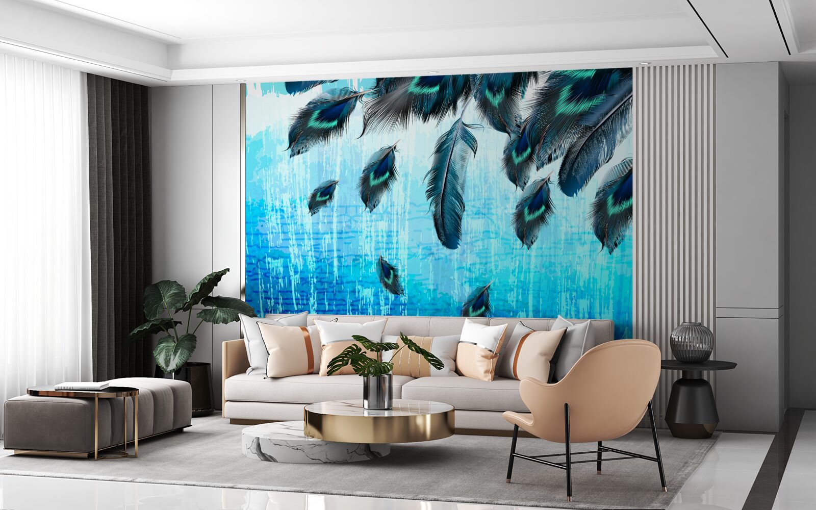 Papier peint plumes de paon sur fond bleu