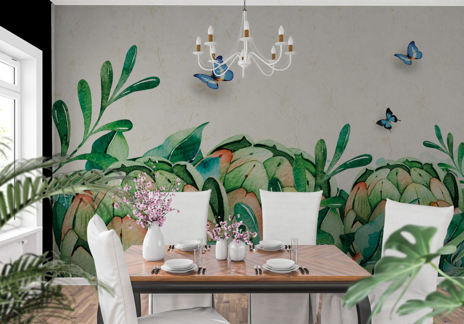 Papier peint papillons et plantes