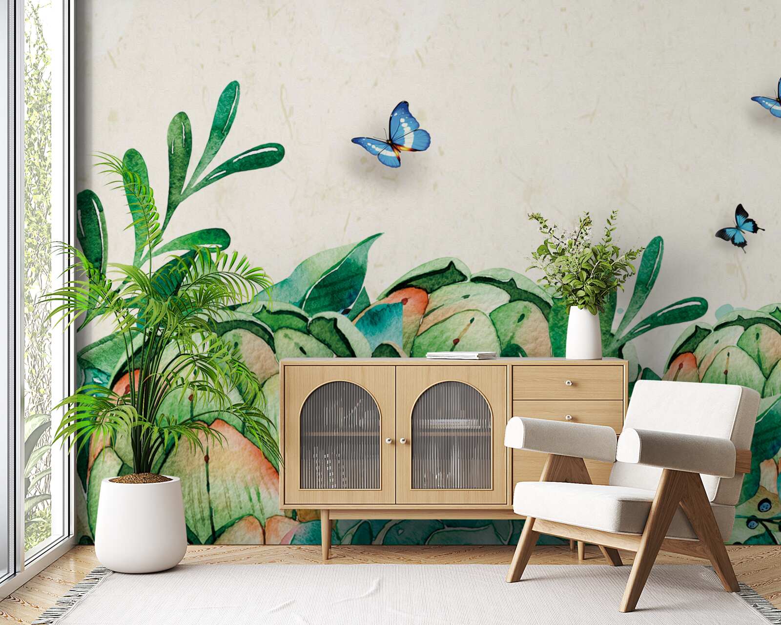 Papier peint papillons et plantes