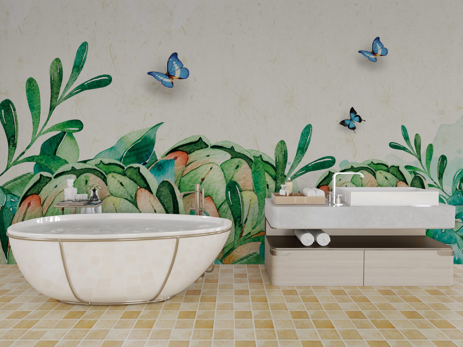 Papier peint papillons et plantes