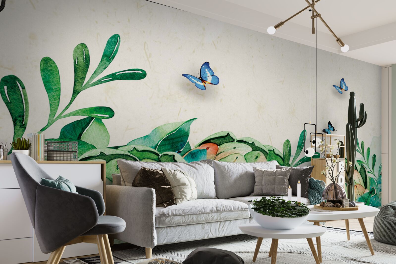 Papier peint papillons et plantes