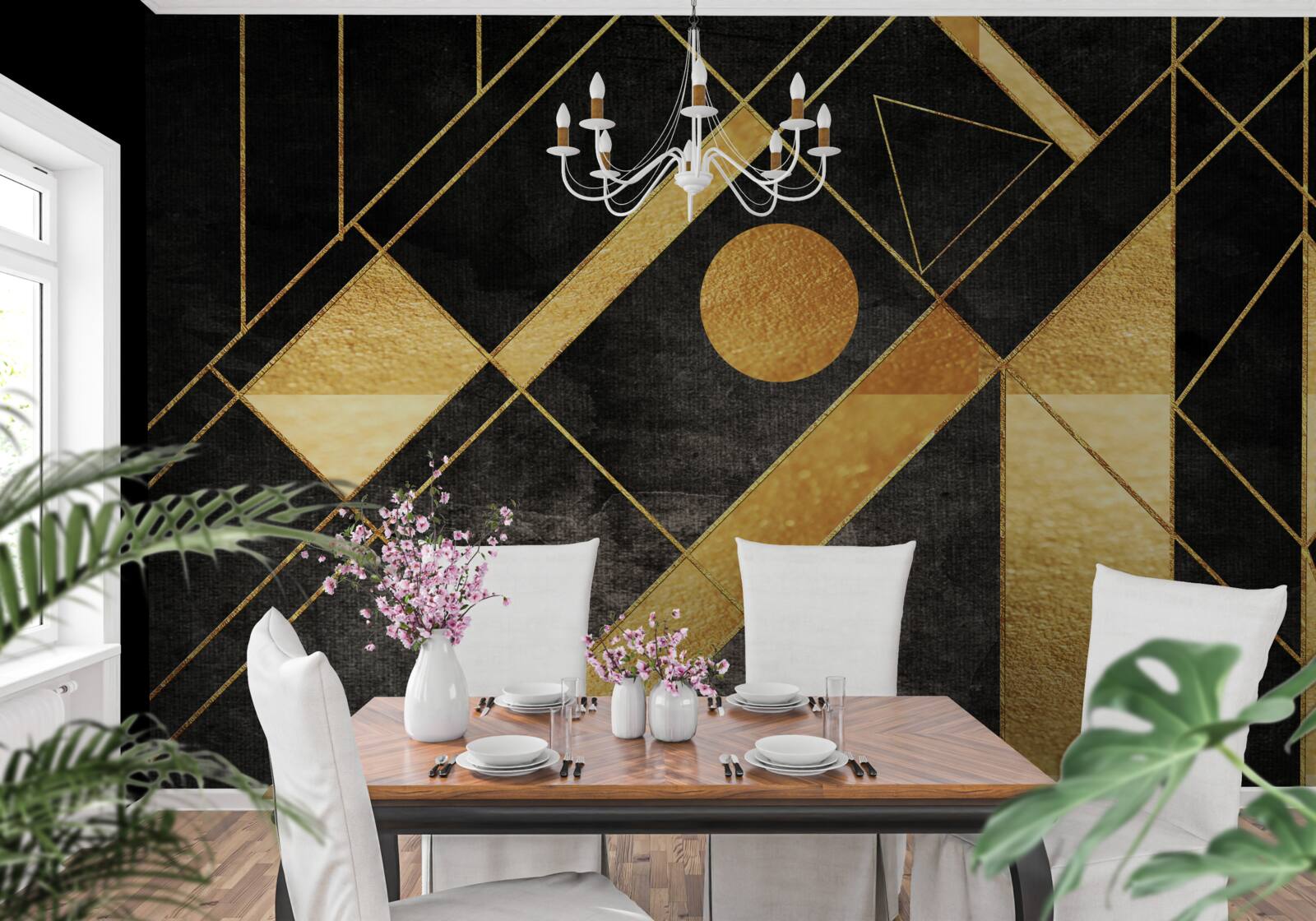 Papier peint fond noir avec des lignes dorées