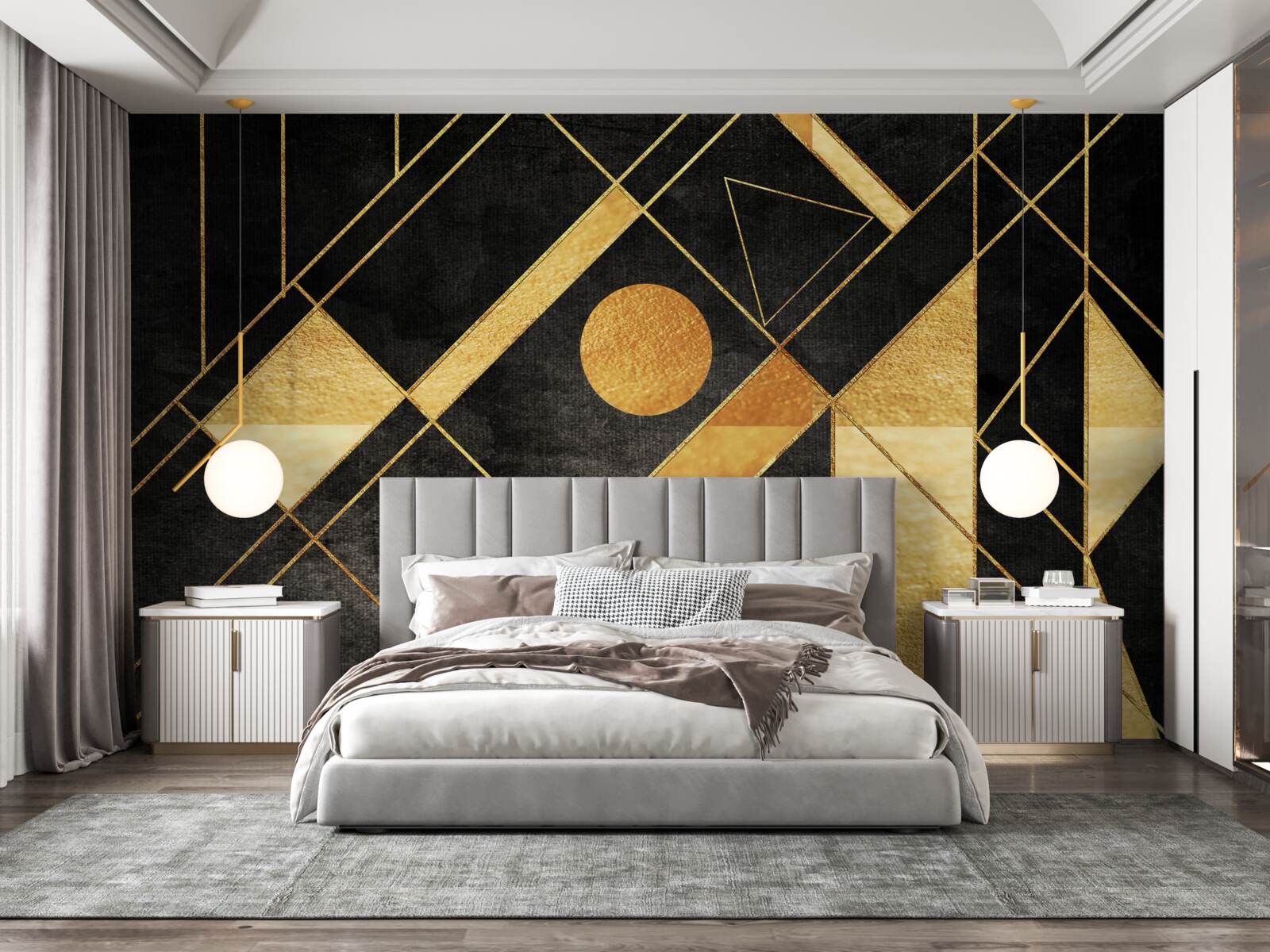 Papier peint fond noir avec des lignes dorées