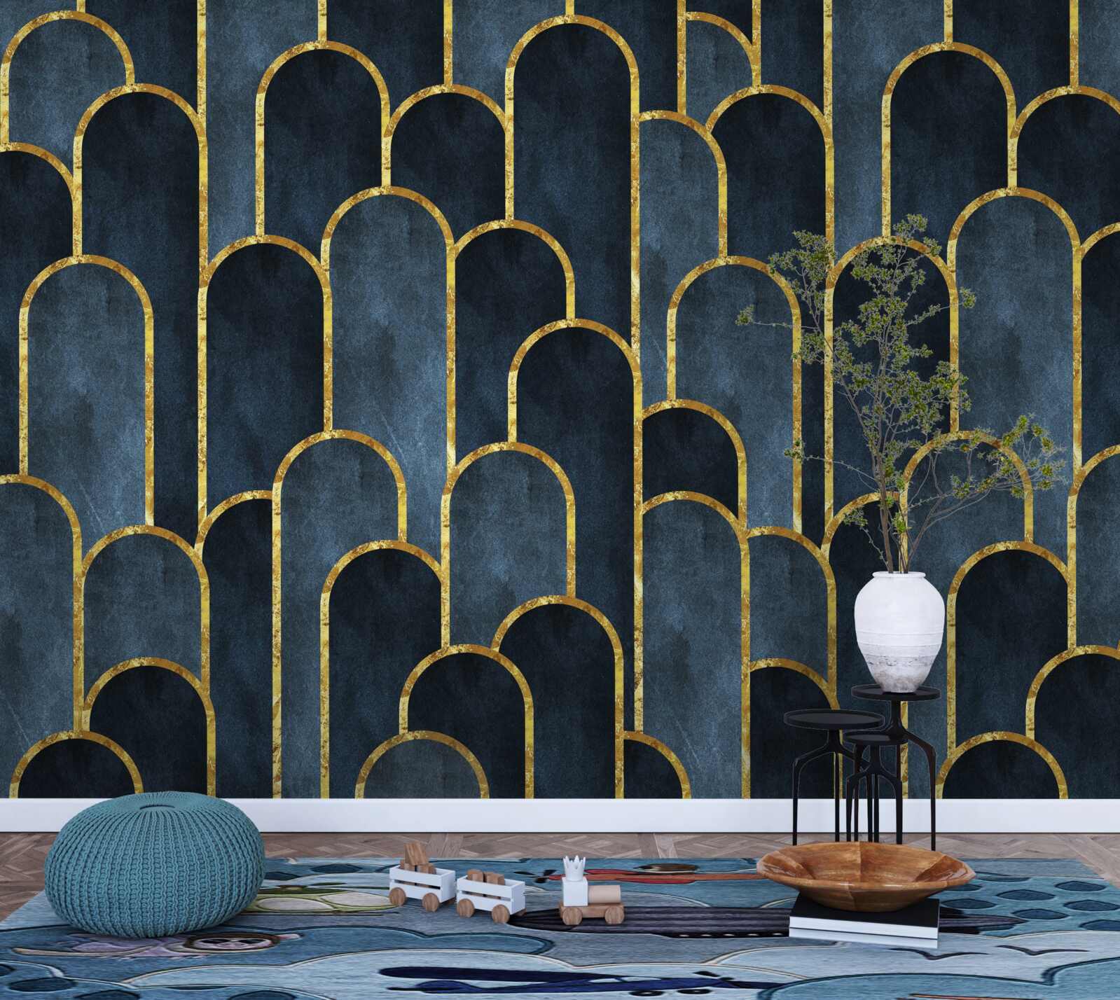 Papier peint accents dorés sur des tops noirs et aérés