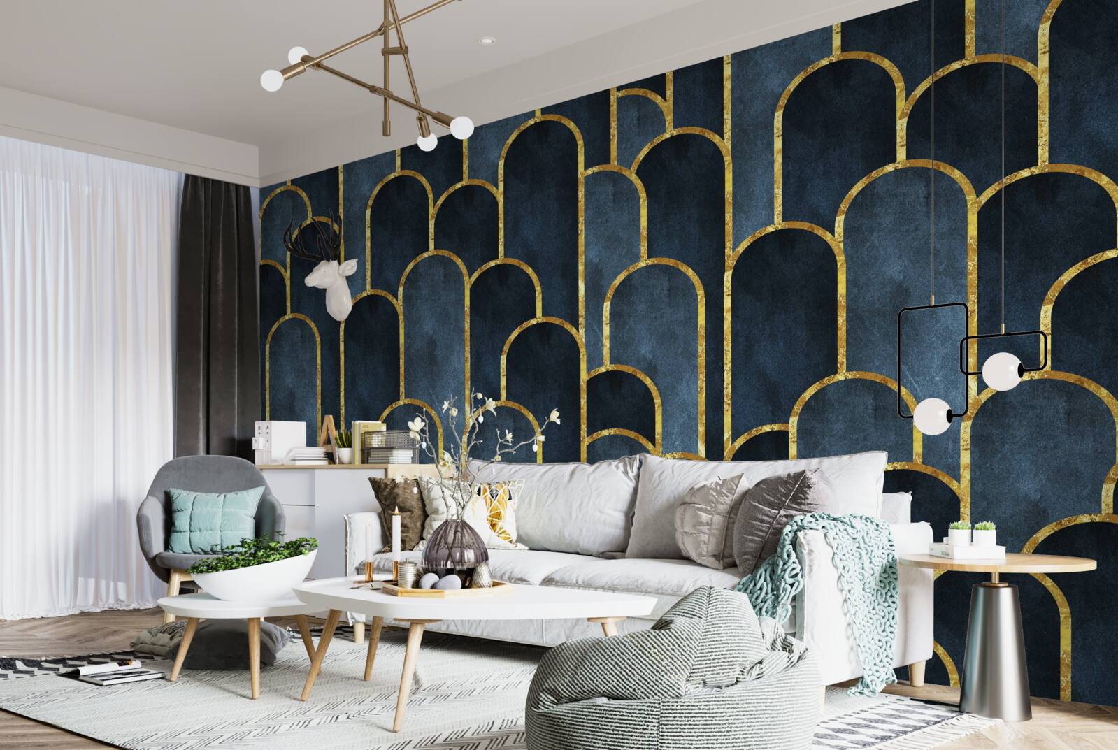 Papier peint accents dorés sur des tops noirs et aérés