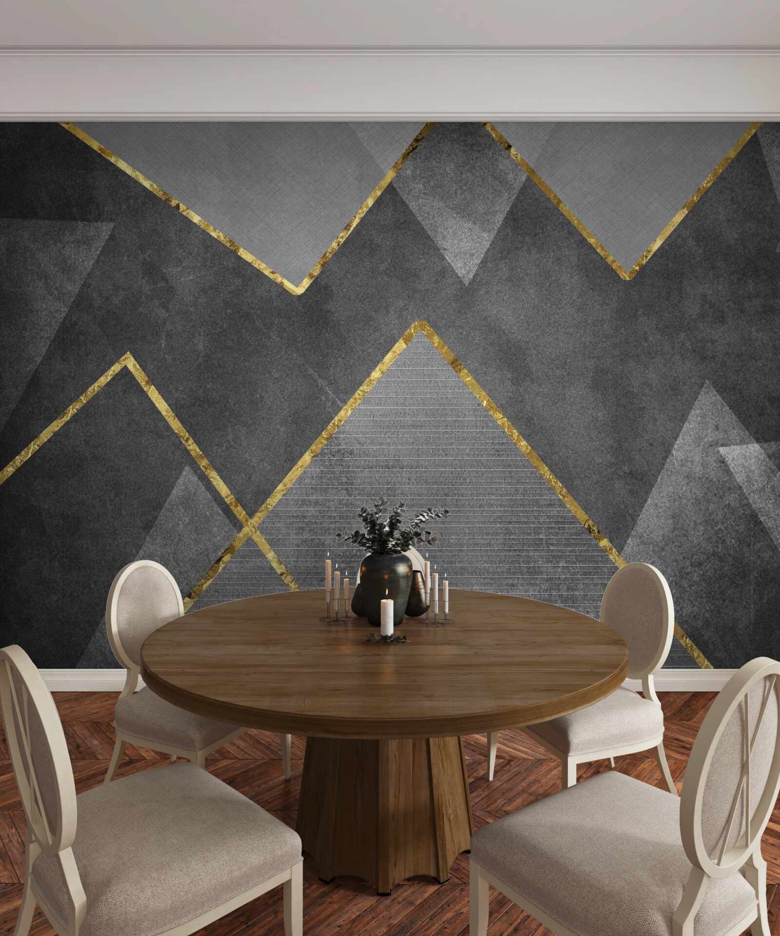 Papier peint zigzags dorés, noirs et blancs