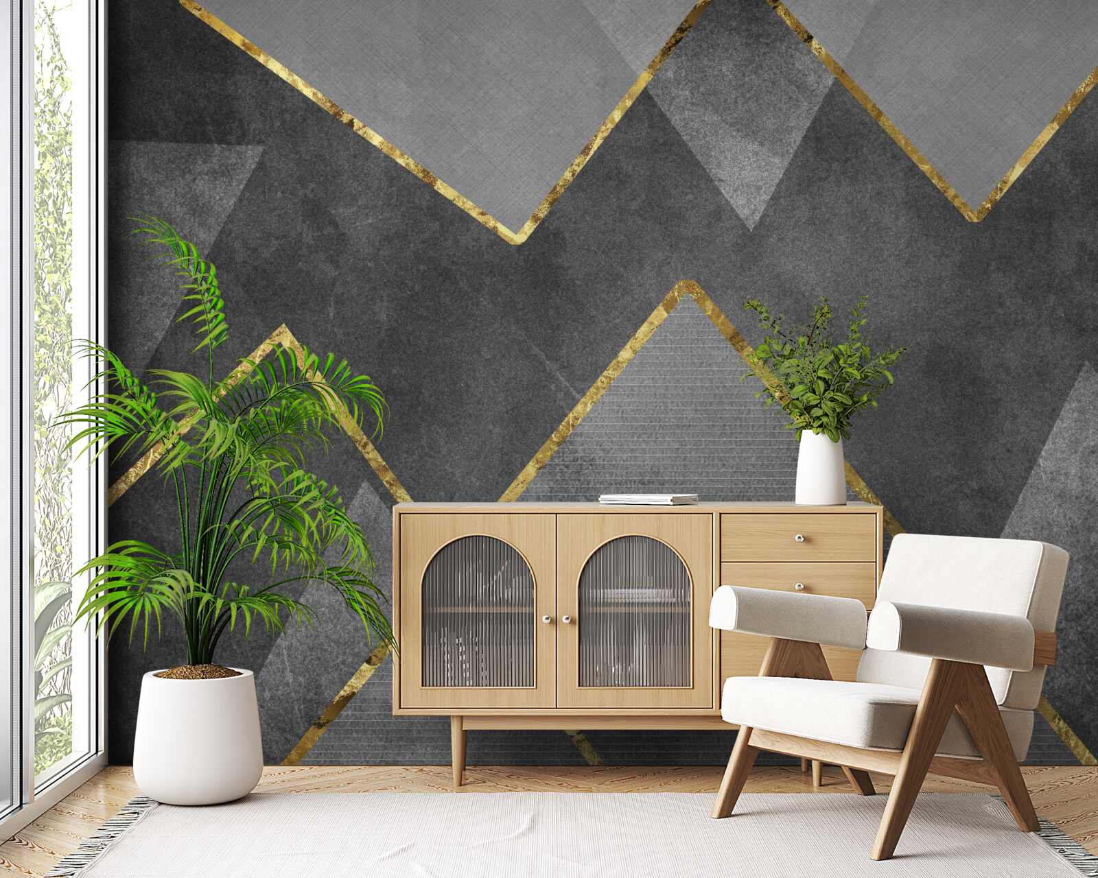 Papier peint zigzags dorés, noirs et blancs