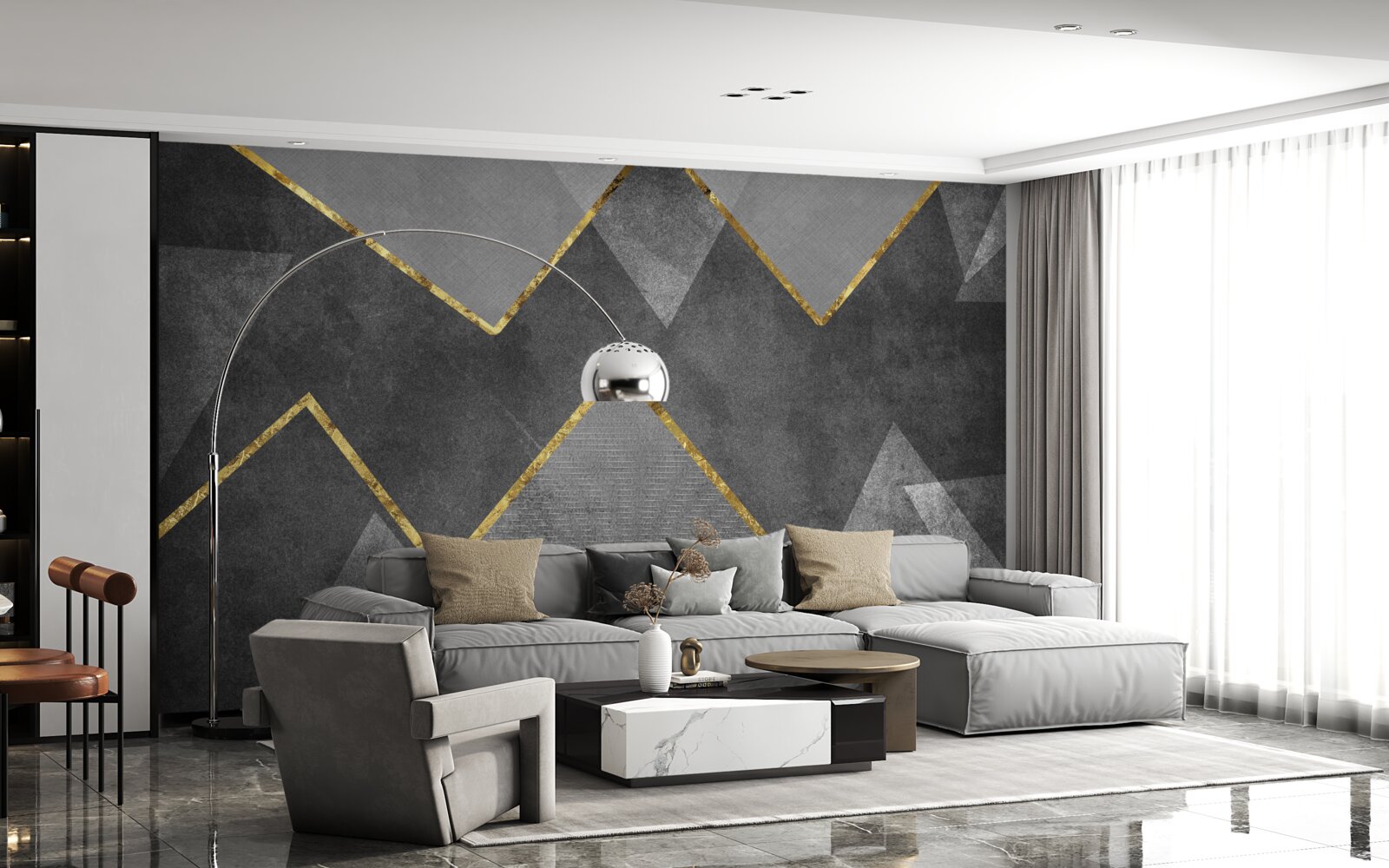 Papier peint zigzags dorés, noirs et blancs