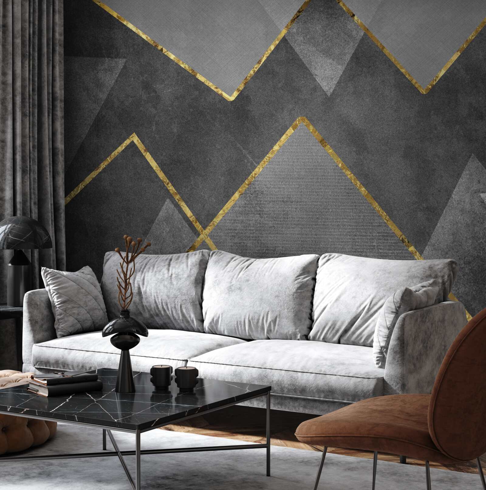 Papier peint zigzags dorés, noirs et blancs