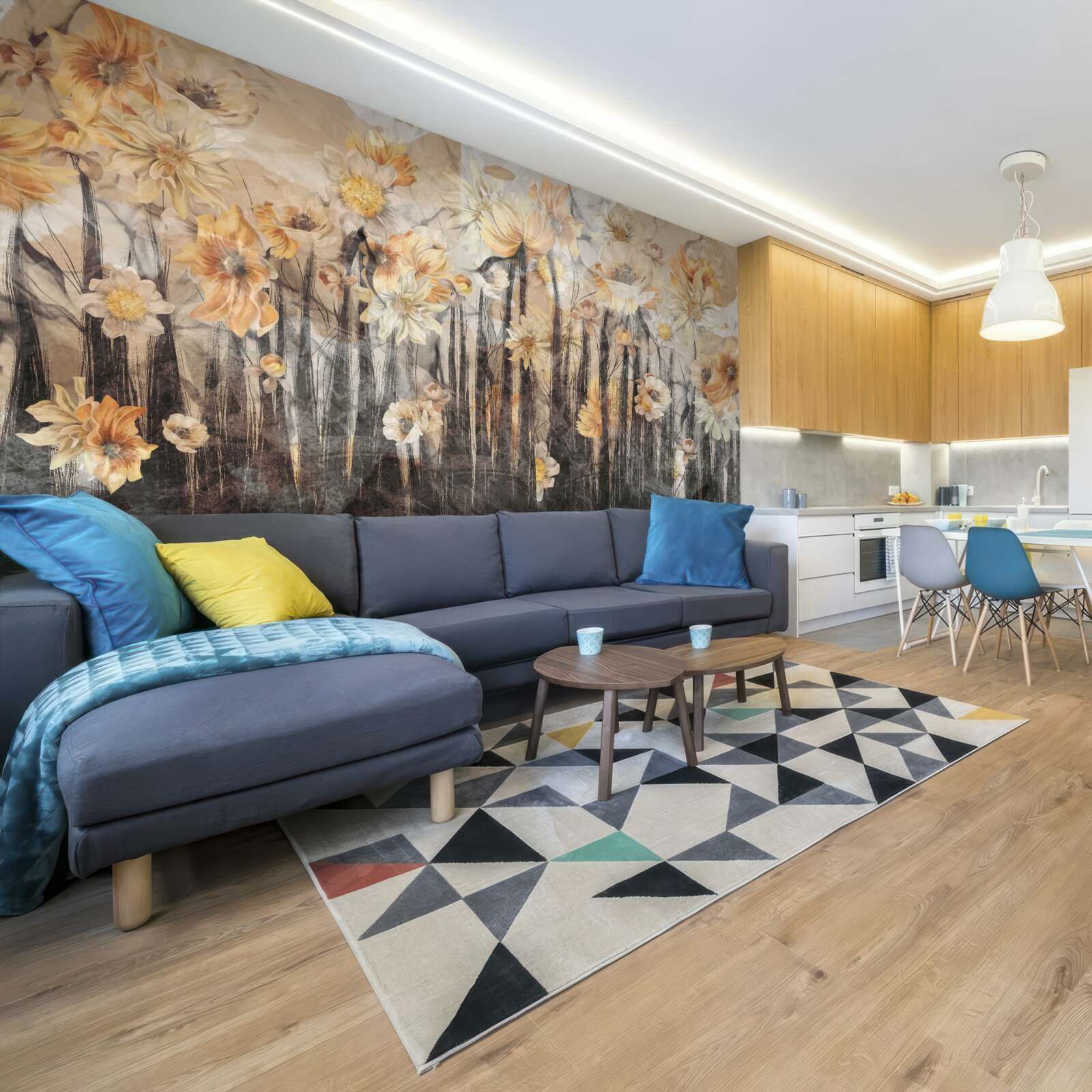 Papier peint fleurs de style vintage sur fond gris