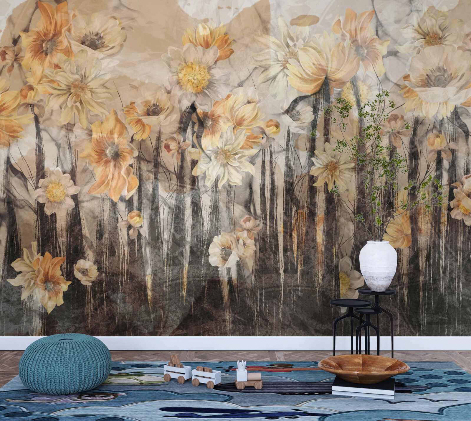 Papier peint fleurs de style vintage sur fond gris