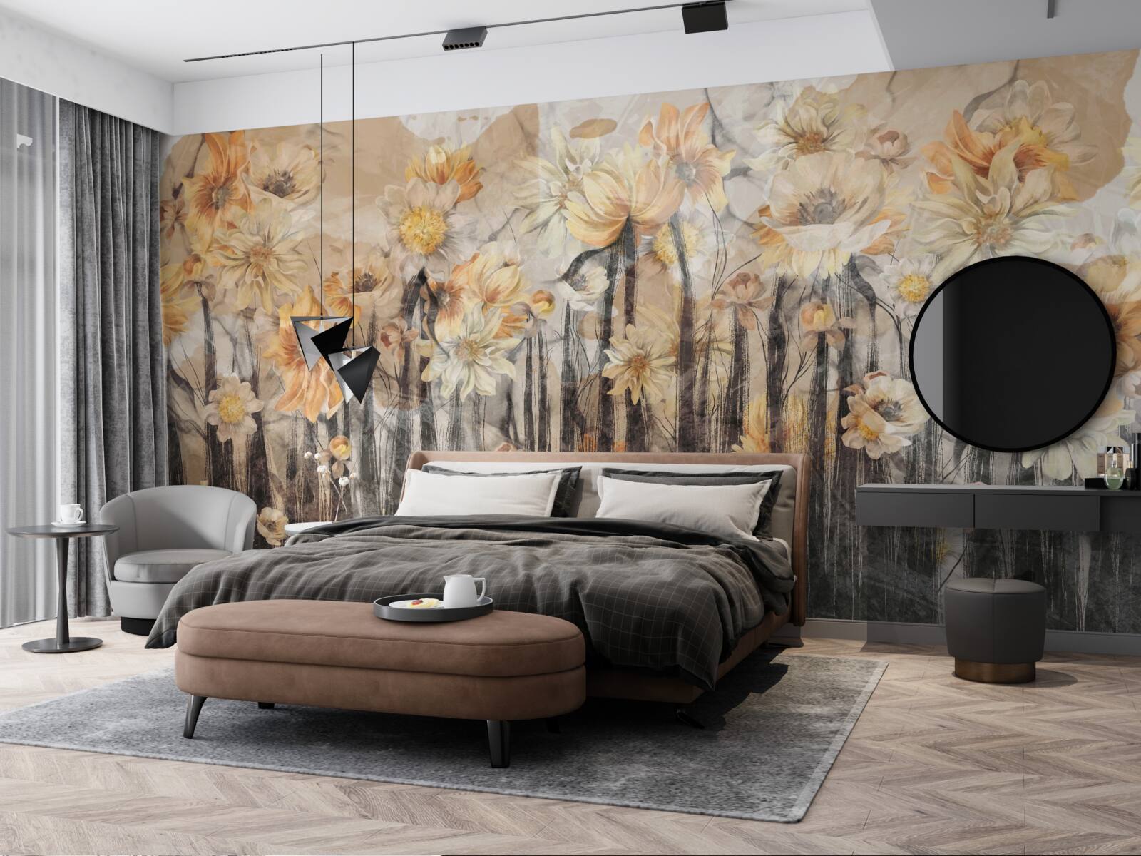 Papier peint fleurs de style vintage sur fond gris