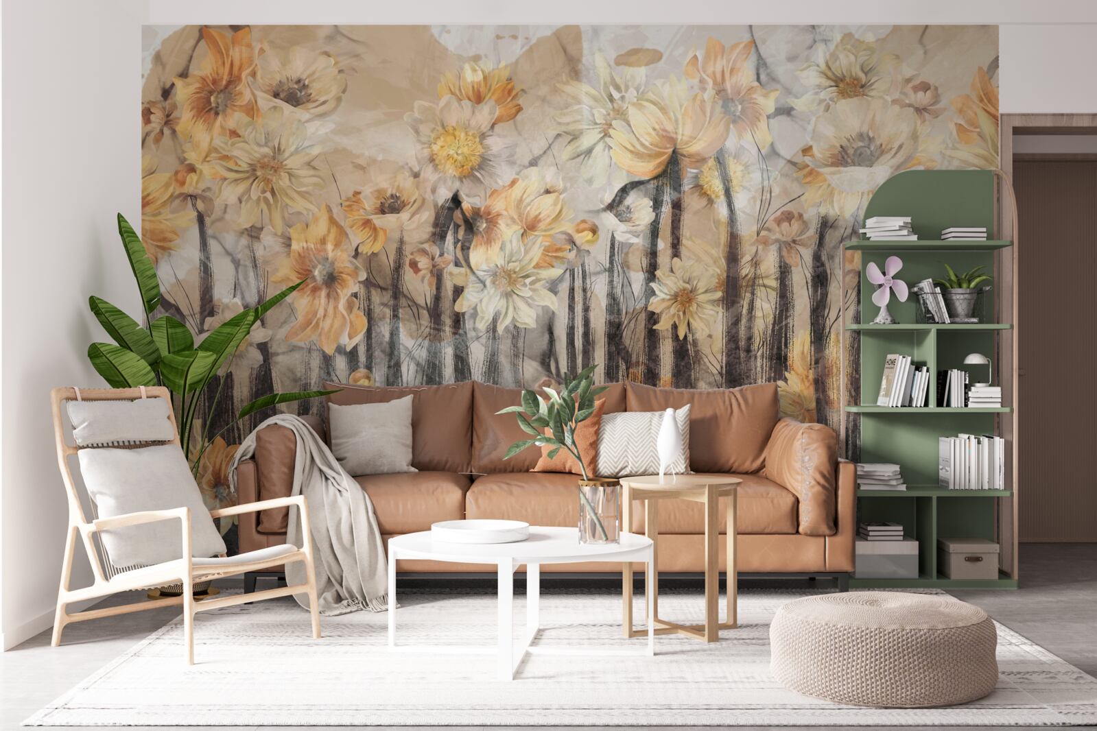 Papier peint fleurs de style vintage sur fond gris