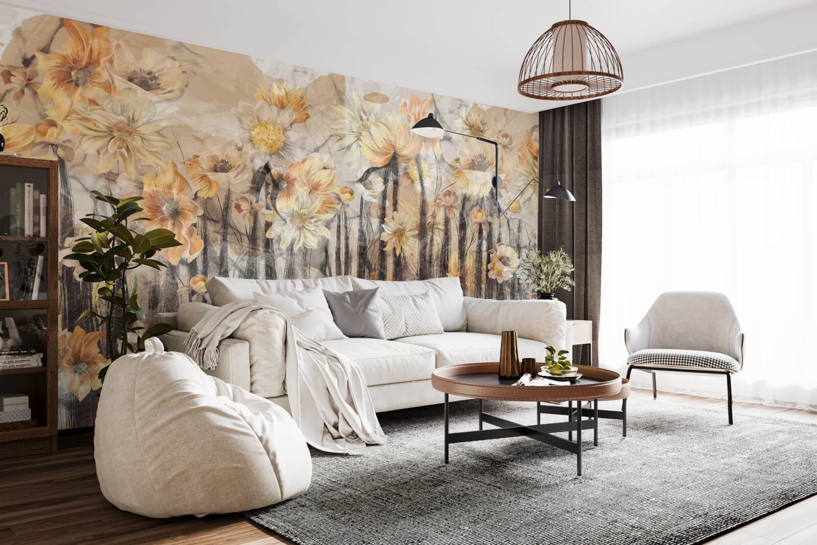 Papier peint fleurs de style vintage sur fond gris