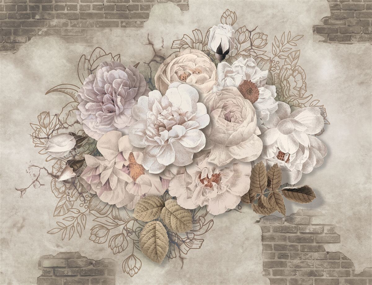 Papier peint magnifiques grandes roses sur un mur de briques