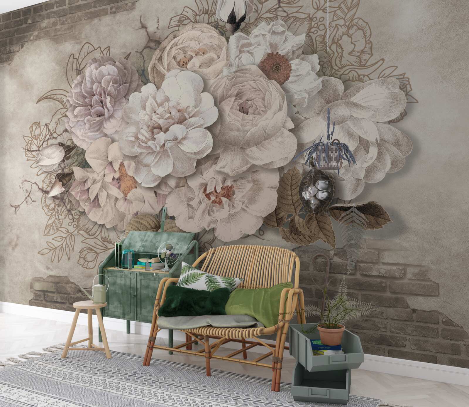 Papier peint magnifiques grandes roses sur un mur de briques