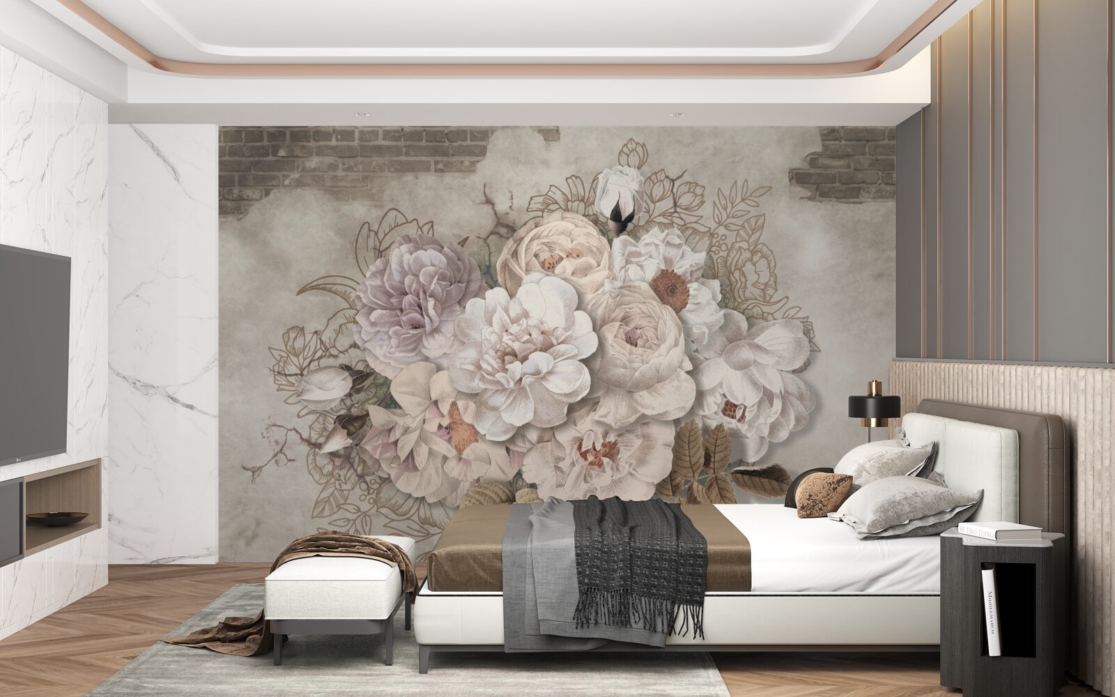 Papier peint magnifiques grandes roses sur un mur de briques