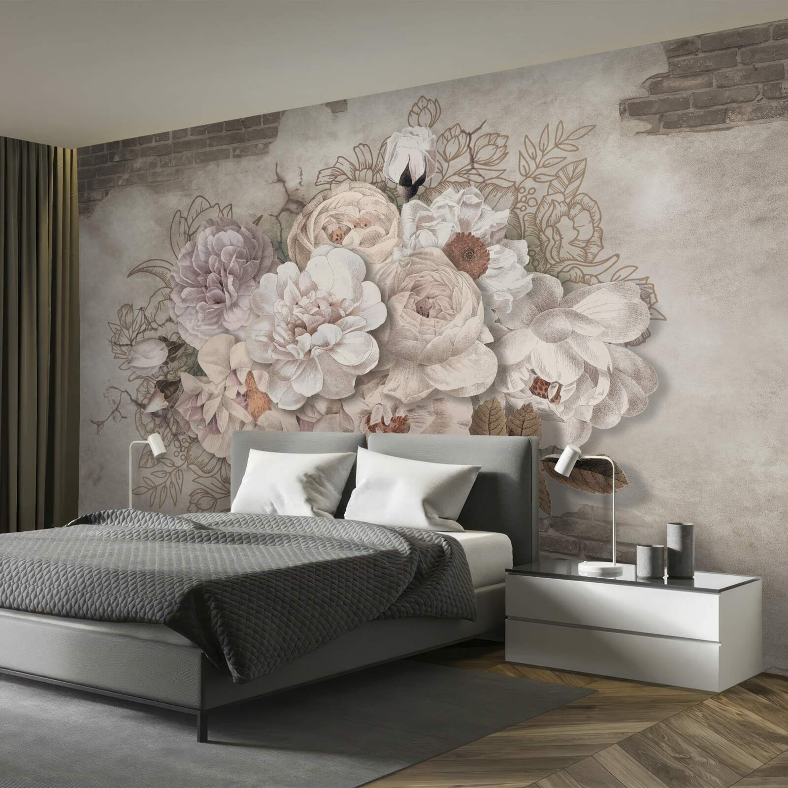 Papier peint magnifiques grandes roses sur un mur de briques