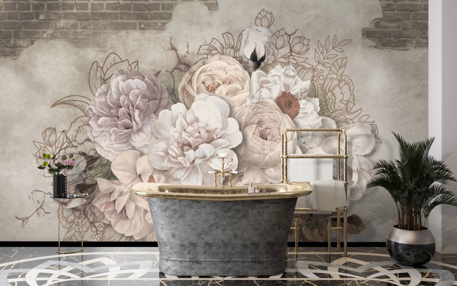 Papier peint magnifiques grandes roses sur un mur de briques