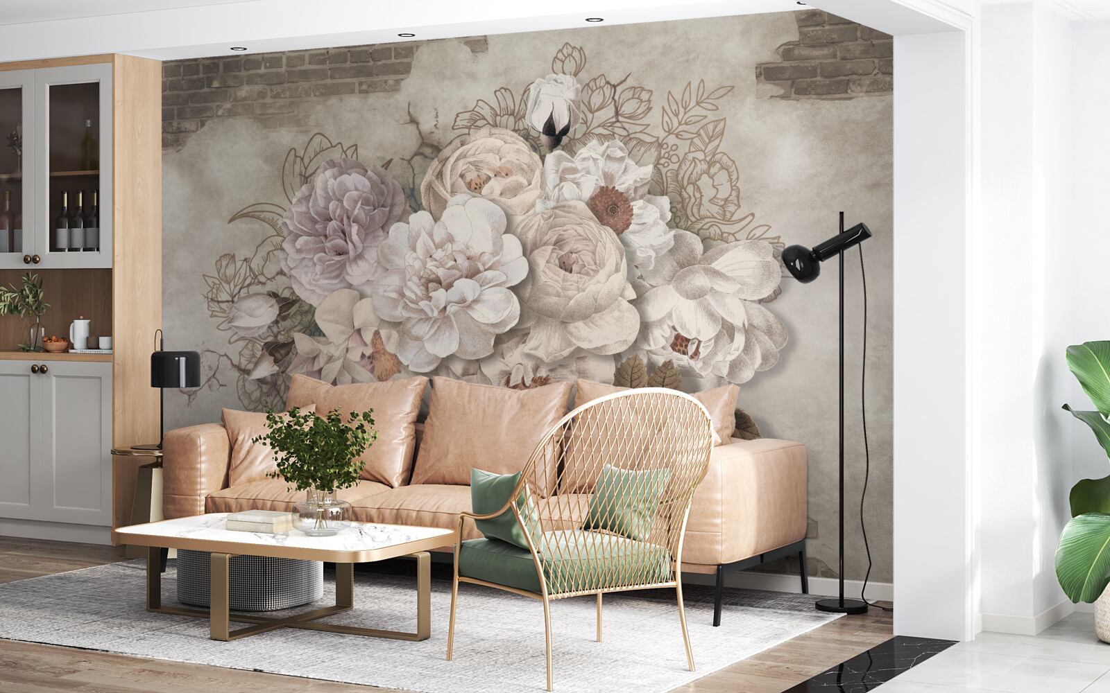 Papier peint magnifiques grandes roses sur un mur de briques