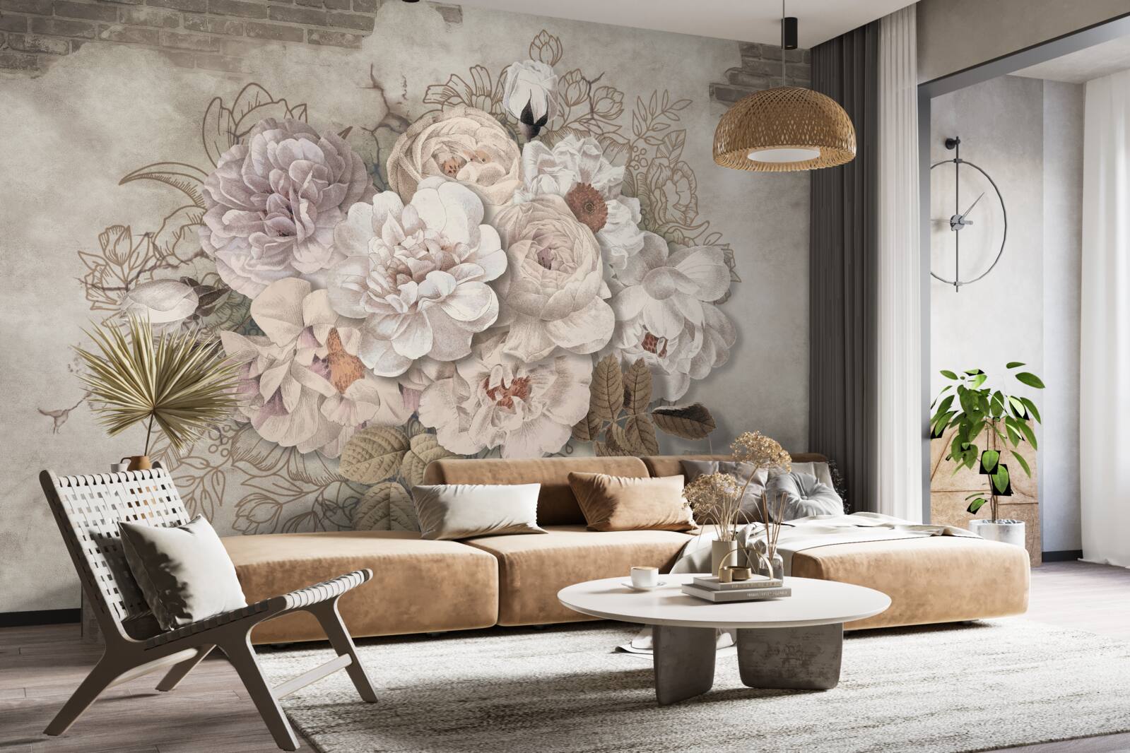 Papier peint magnifiques grandes roses sur un mur de briques