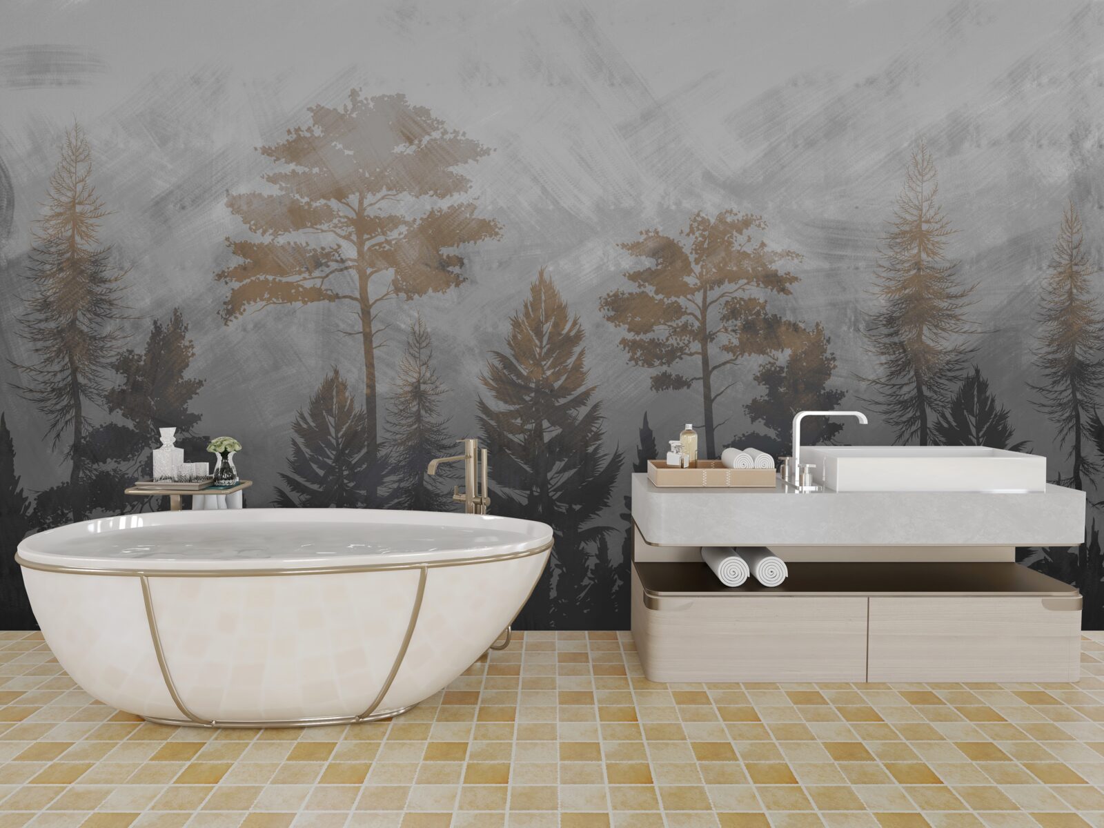 Papier peint le soleil brille à travers la brume de la forêt