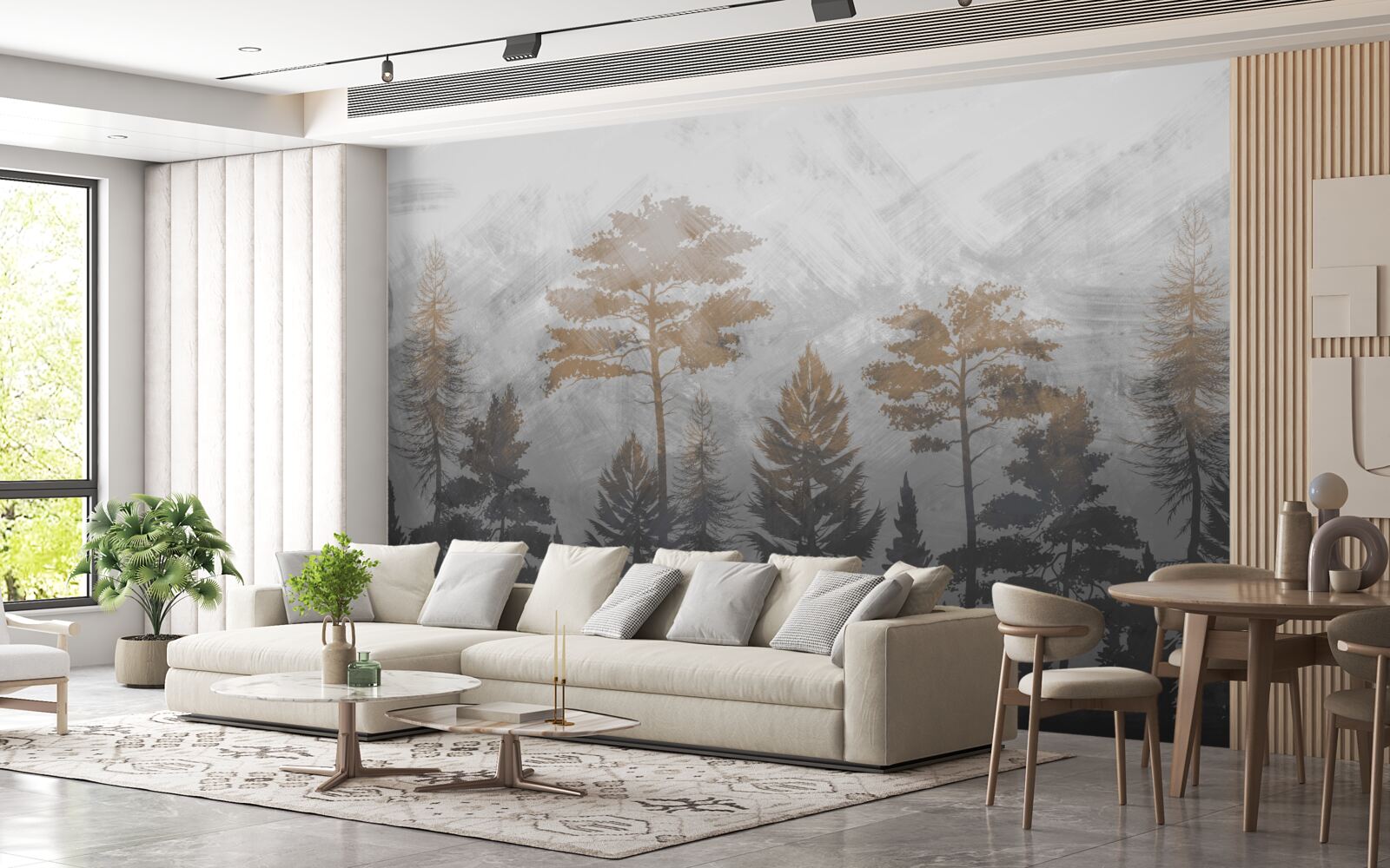 Papier peint le soleil brille à travers la brume de la forêt