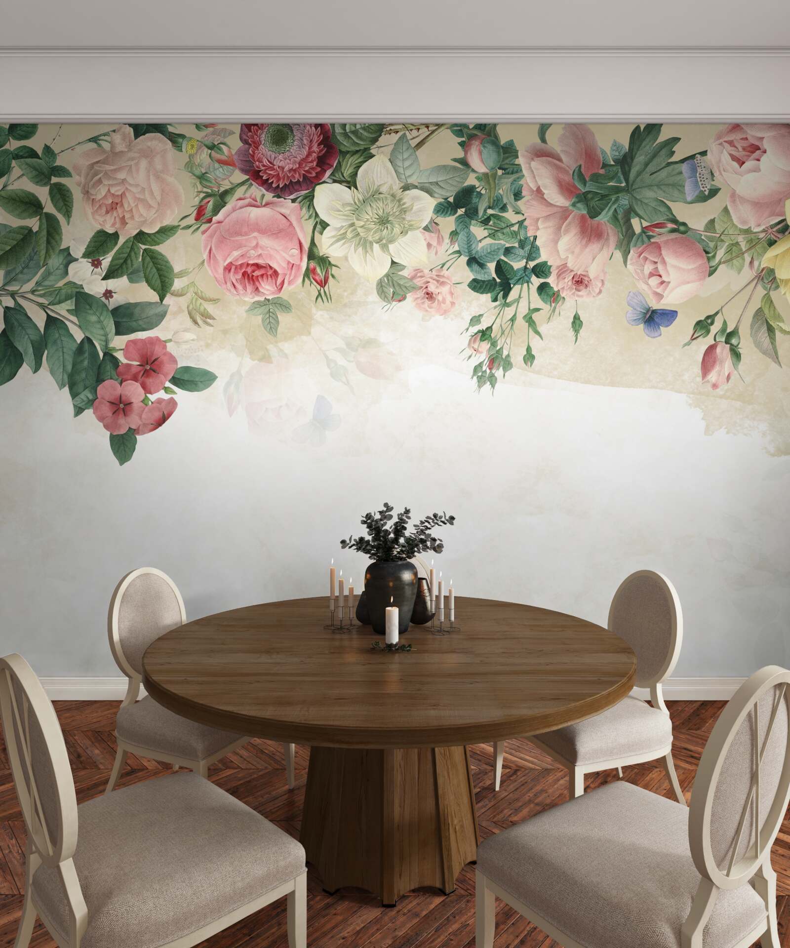 Papier peint bourgeons roses de différentes teintes