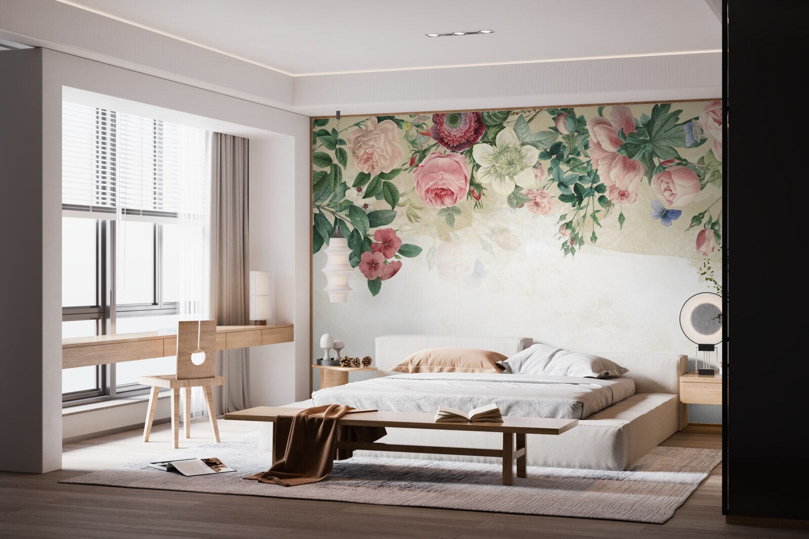 Papier peint bourgeons roses de différentes teintes