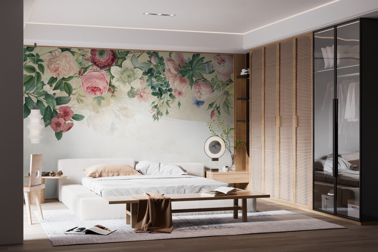 Papier peint bourgeons roses de différentes teintes