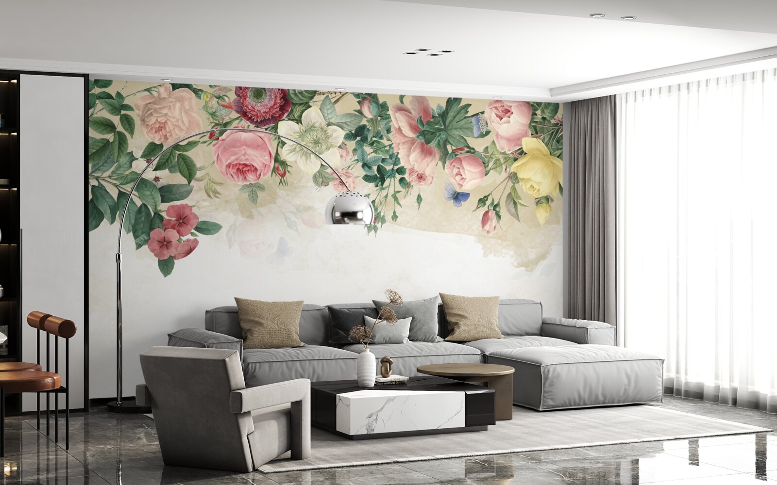 Papier peint bourgeons roses de différentes teintes