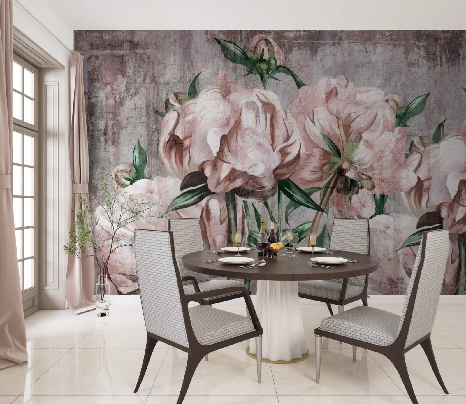 Papier peint le mur en béton est décoré de roses pastel