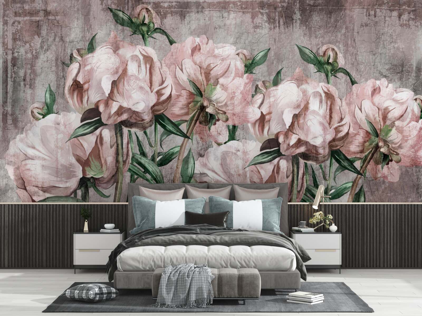 Papier peint le mur en béton est décoré de roses pastel