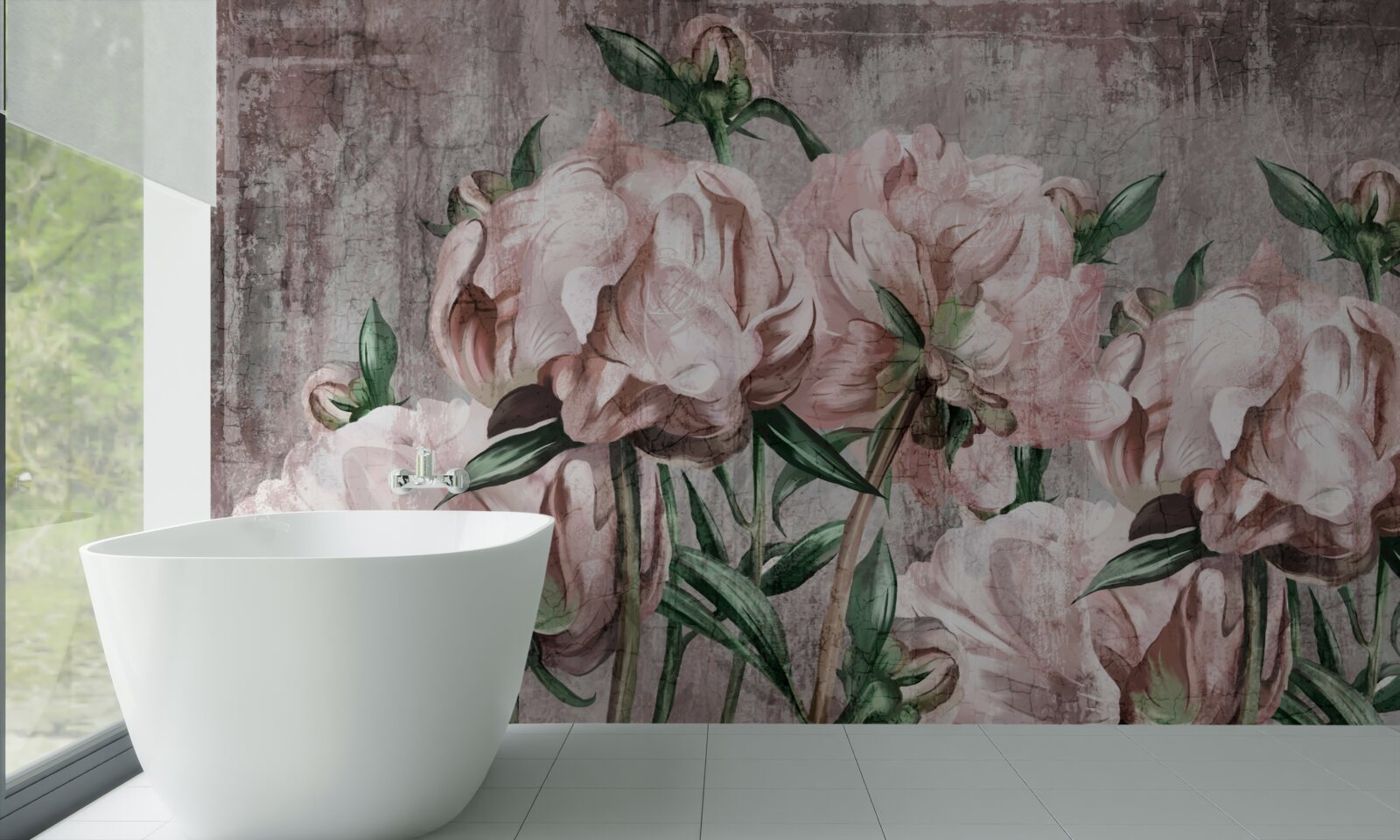 Papier peint le mur en béton est décoré de roses pastel
