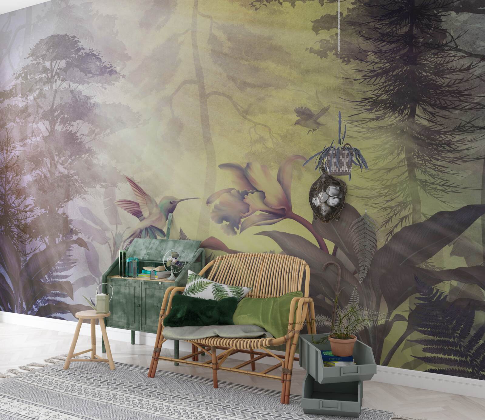 Papier peint une forêt d'arbres à feuilles caduques sous les rayons du soleil