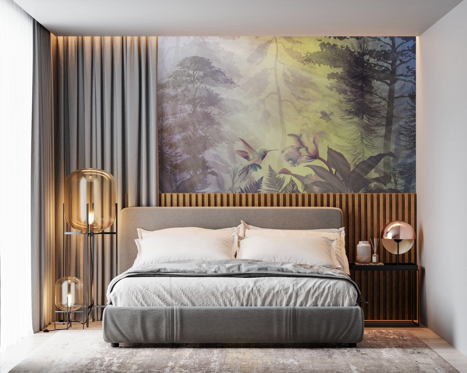 Papier peint une forêt d'arbres à feuilles caduques sous les rayons du soleil