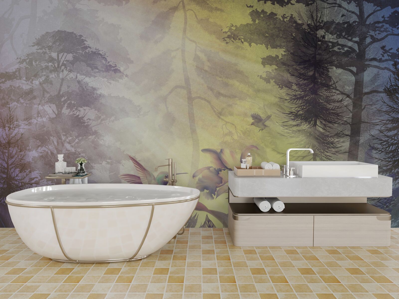 Papier peint une forêt d'arbres à feuilles caduques sous les rayons du soleil