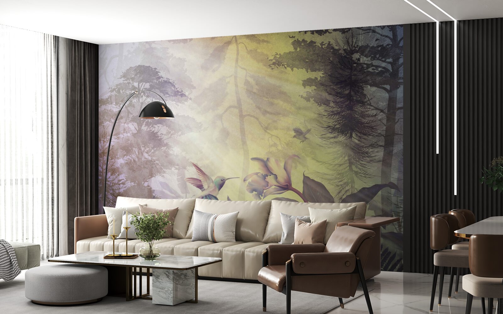 Papier peint une forêt d'arbres à feuilles caduques sous les rayons du soleil