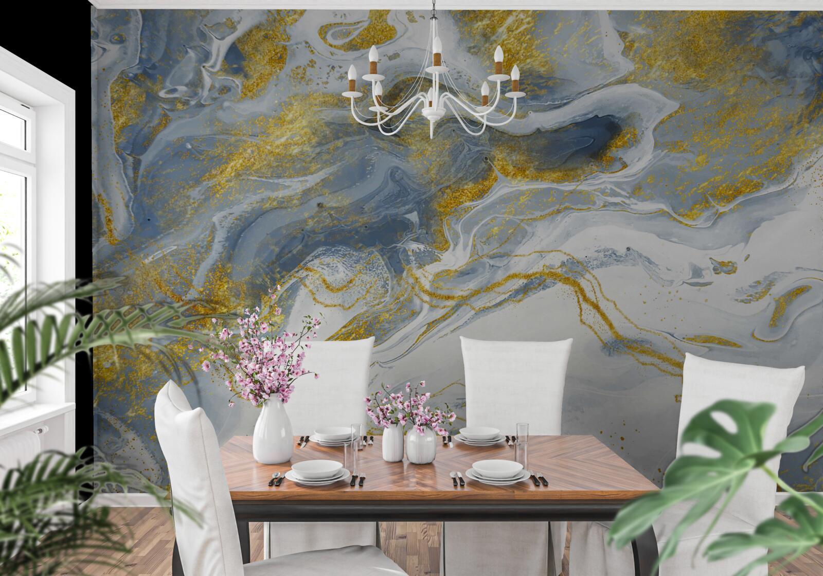 Papier peint marbre bleu avec incrustation d'or