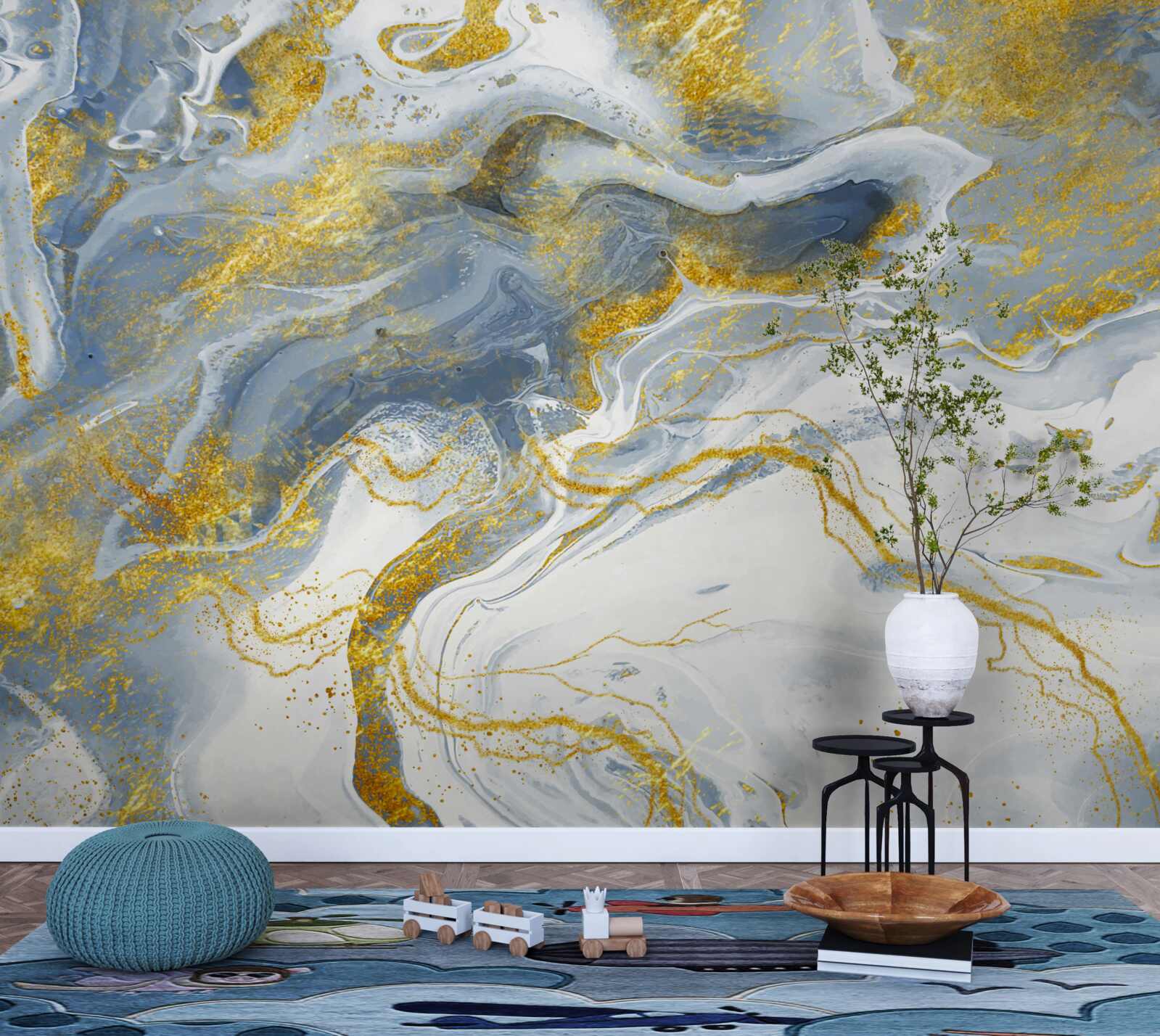 Papier peint marbre bleu avec incrustation d'or