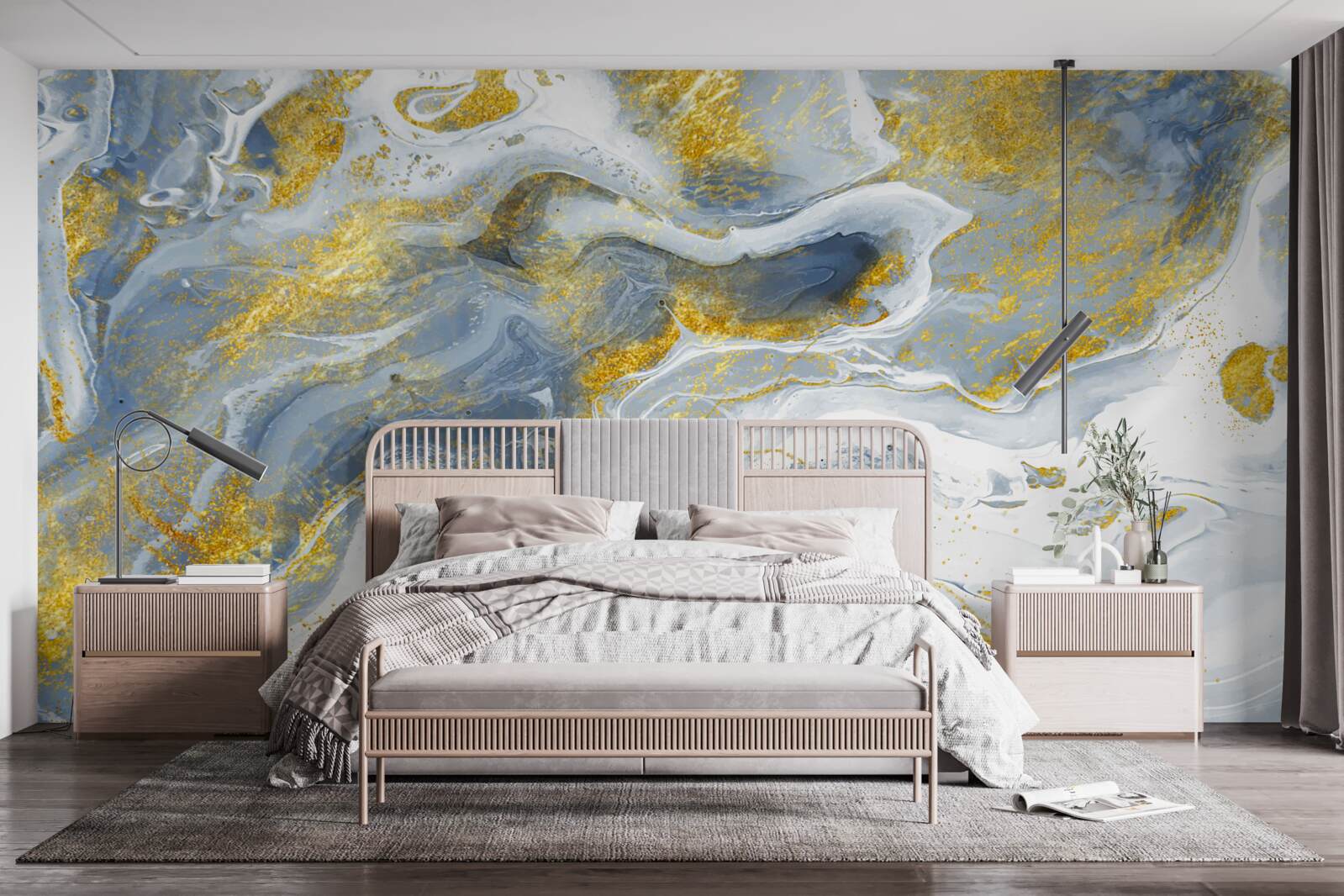 Papier peint marbre bleu avec incrustation d'or