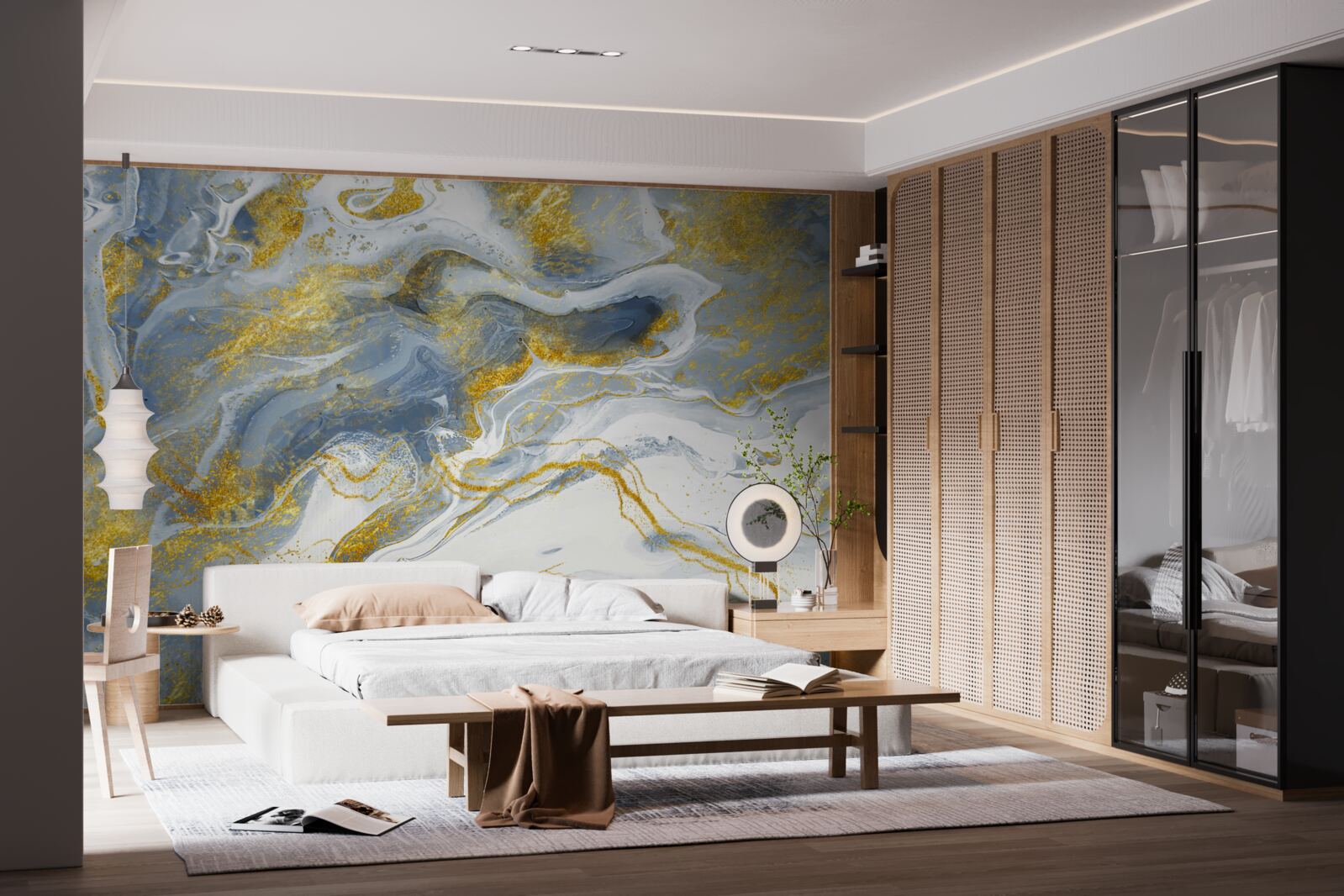 Papier peint marbre bleu avec incrustation d'or