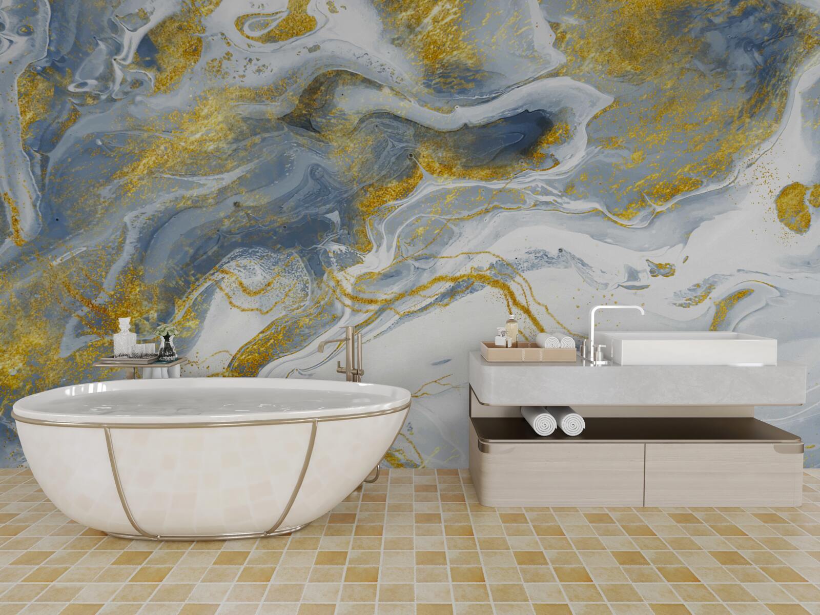 Papier peint marbre bleu avec incrustation d'or