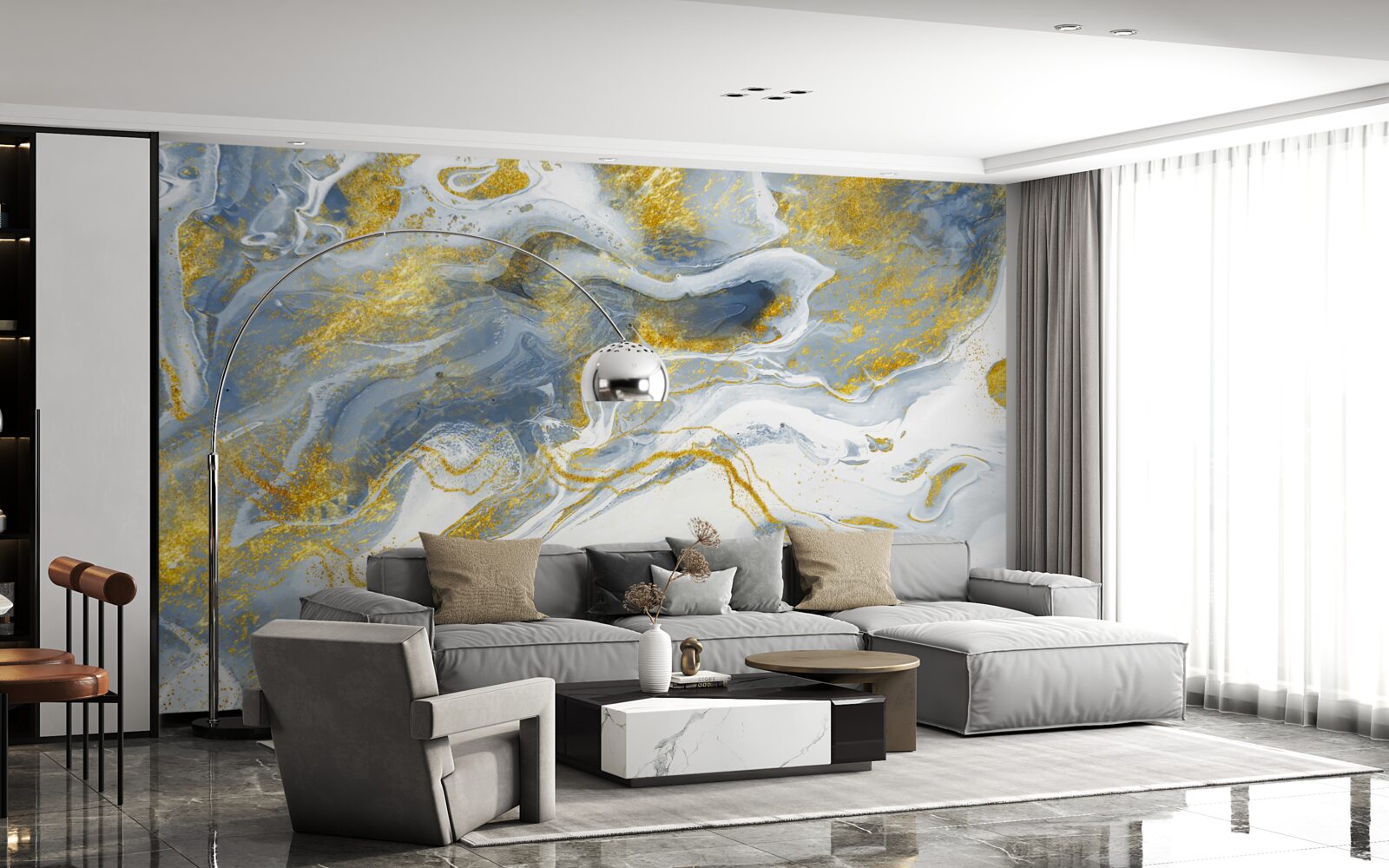 Papier peint marbre bleu avec incrustation d'or