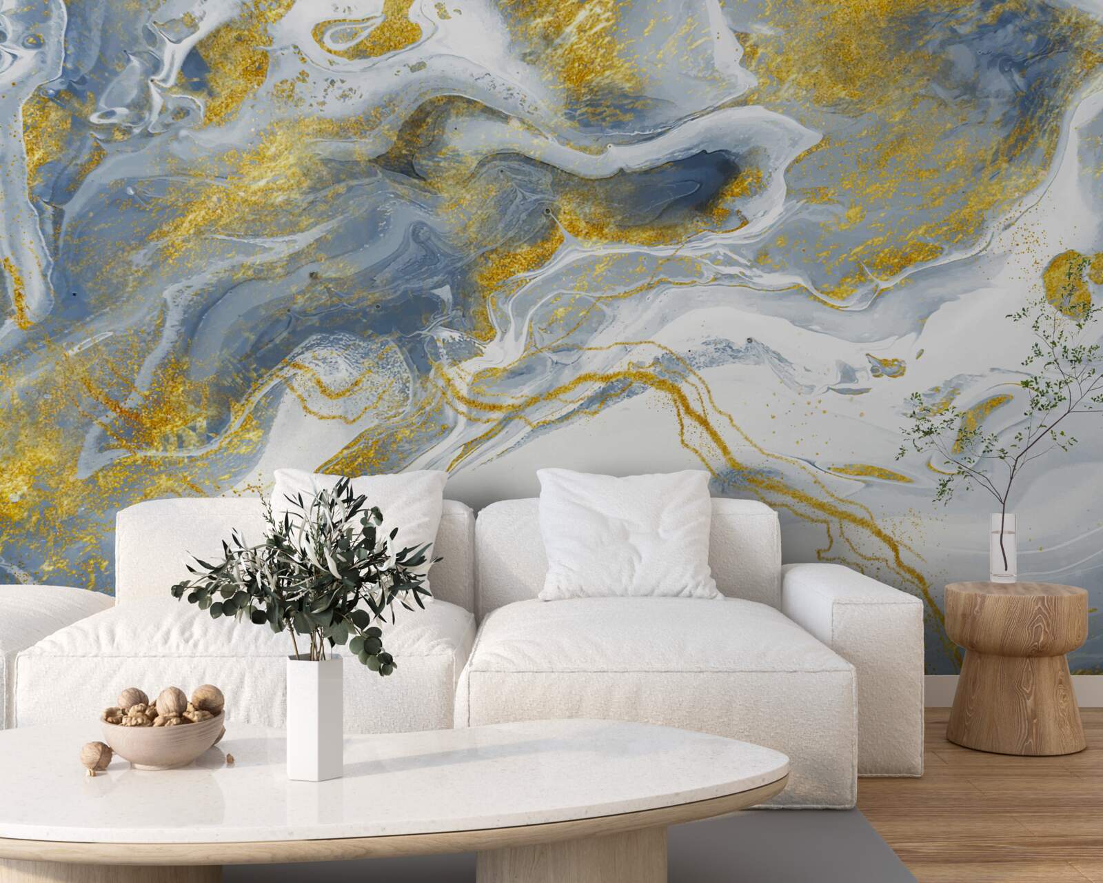 Papier peint marbre bleu avec incrustation d'or