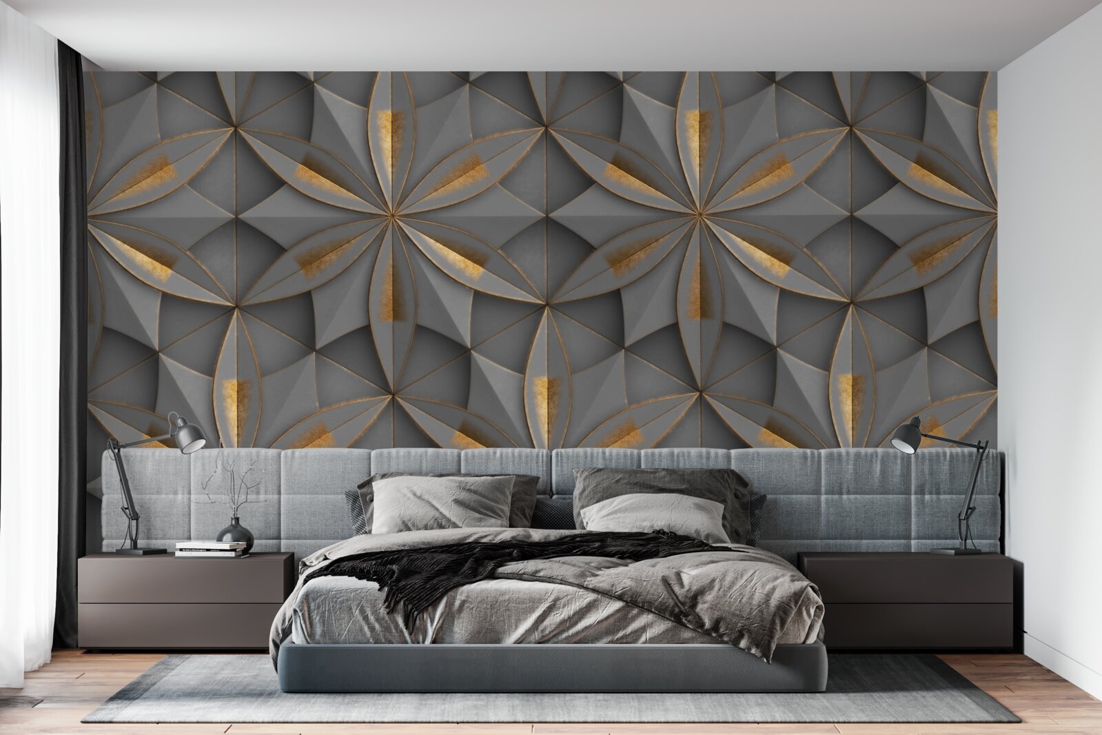 Papier peint les fleurs sont de couleur grise avec un motif de fond doré