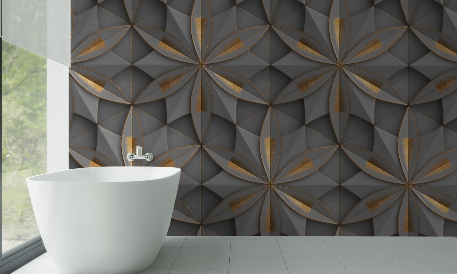 Papier peint les fleurs sont de couleur grise avec un motif de fond doré