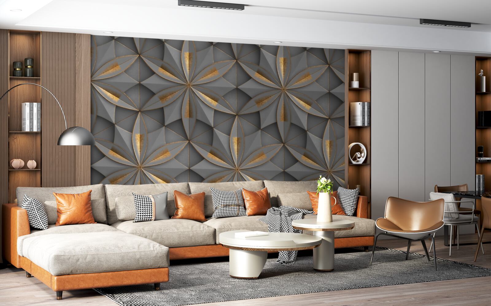 Papier peint les fleurs sont de couleur grise avec un motif de fond doré