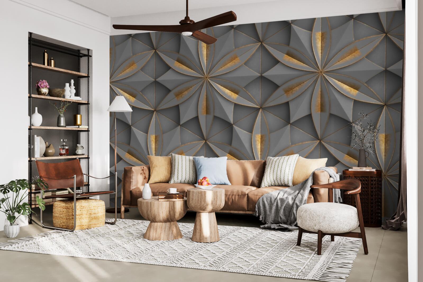 Papier peint les fleurs sont de couleur grise avec un motif de fond doré